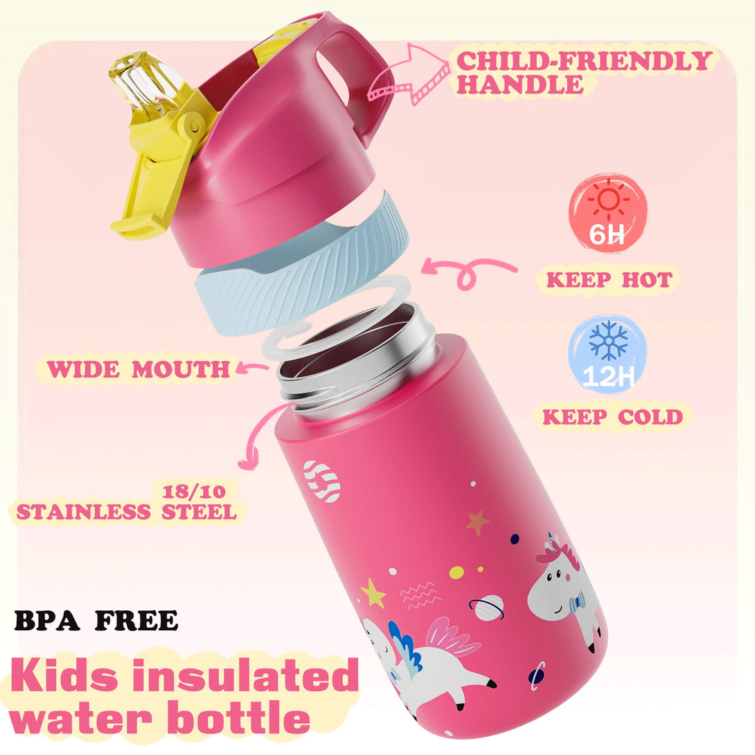 13 oz Stainless Steel Insulated Kids Water Bottle With Straw