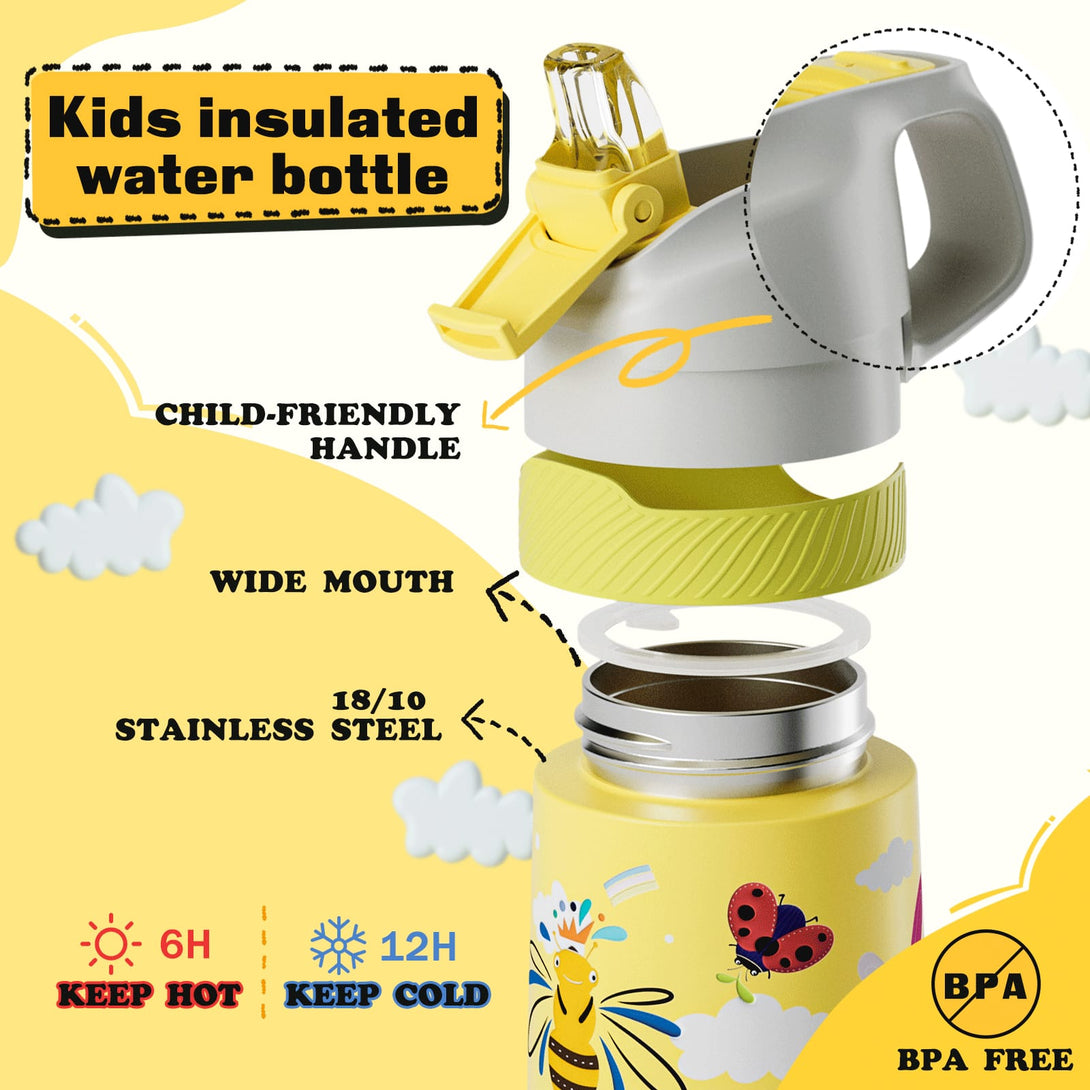 13 oz Stainless Steel Insulated Kids Water Bottle With Straw