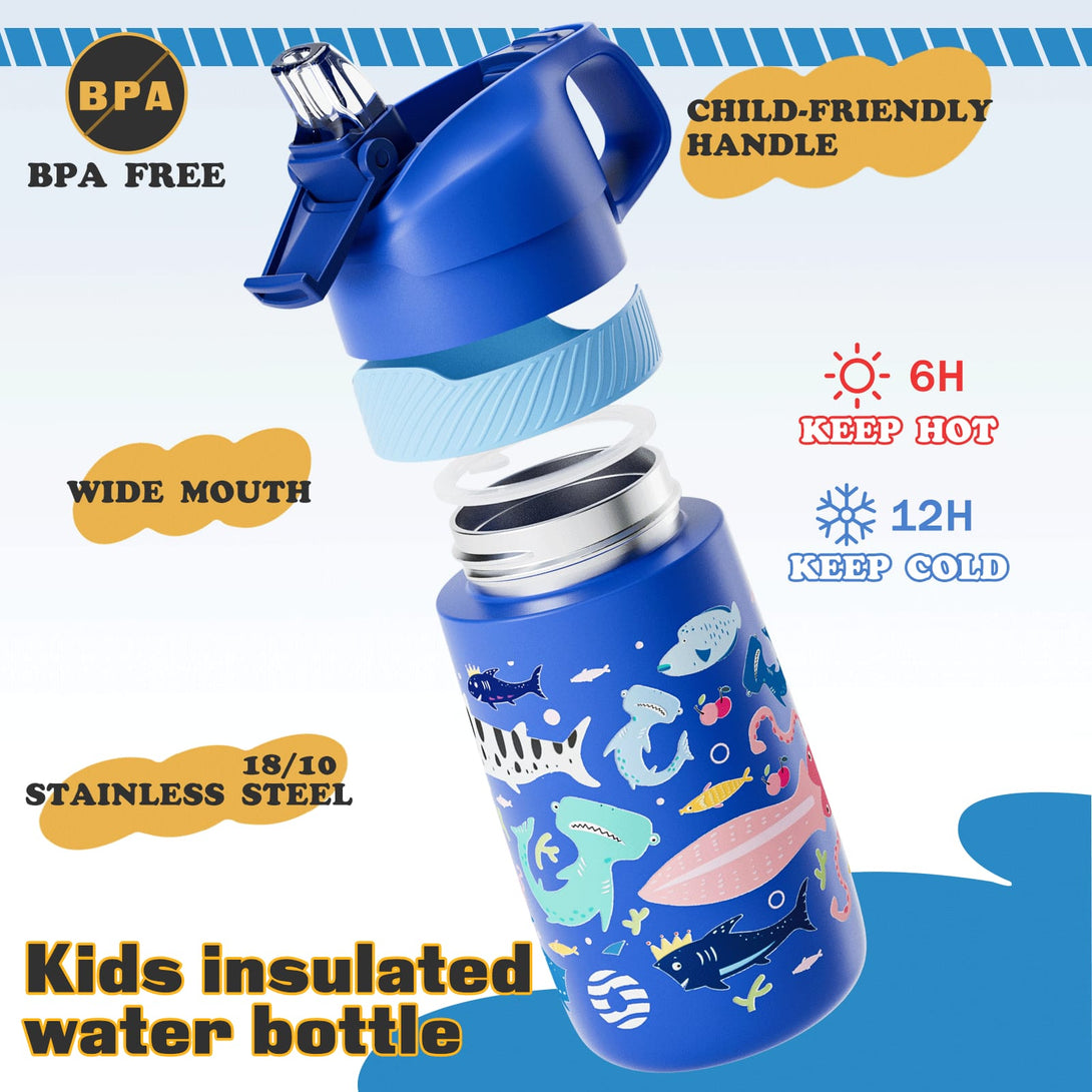 13 oz Stainless Steel Insulated Kids Water Bottle With Straw