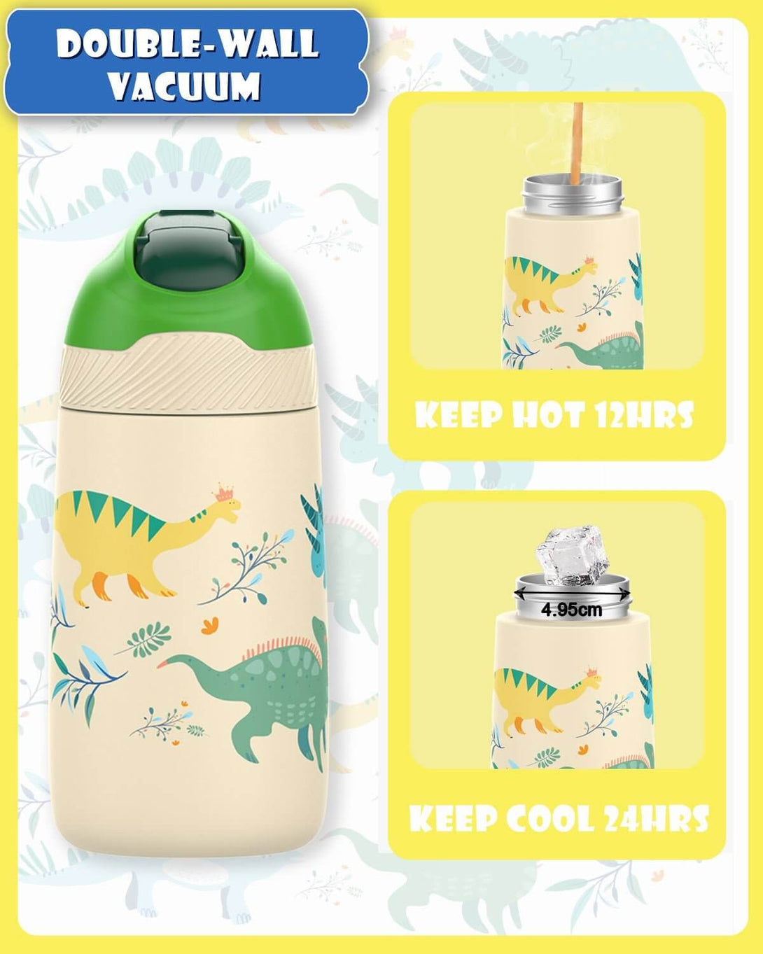 BUZIO Dinosaur Water Bottle, 14oz Toddler Water Bottle with 2 Straw Lids,  Double Wall Vacuum Stainle…See more BUZIO Dinosaur Water Bottle, 14oz